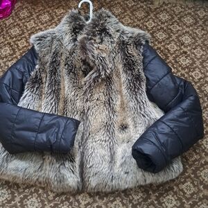 Faux Fur Front Teddy Jacket with Quilted Black Sleeves